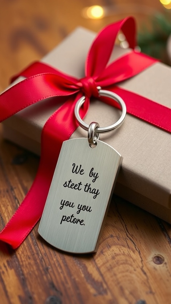 Personalized keychain gift for boyfriend on a wooden table with a red ribbon.